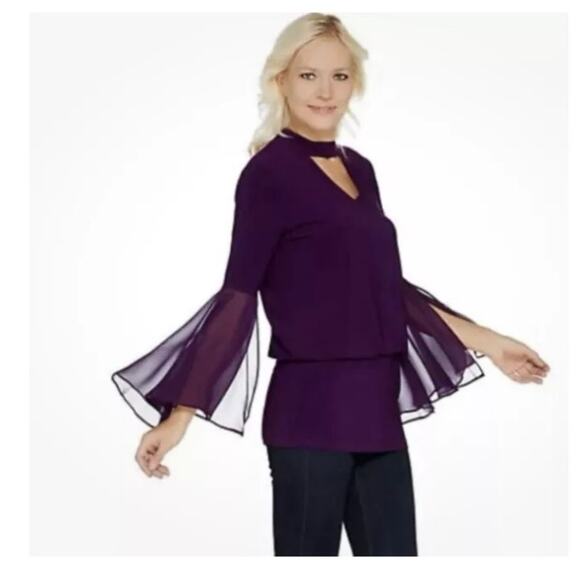 Laurie Felt Knit Top Woven Bell sleeves Sheer BLUE XXS Stretch Fairy Witchy - Picture 10 of 10